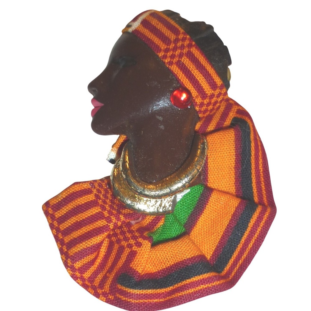 Vintage African Woman Profile Brooch Kente Cloth Fabric Headwrap Gold Tone Pin